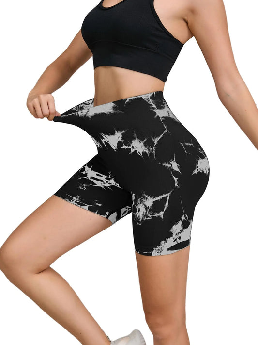 Women's High Waist Fitness Shorts - Seamless Tie Dyed Yoga Running Shorts, Hip Lifting Sports Tight Shorts
