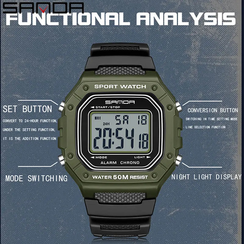 SANDA Premium Sport Watch | 5ATM, High-Impact Resin & Luminous Display