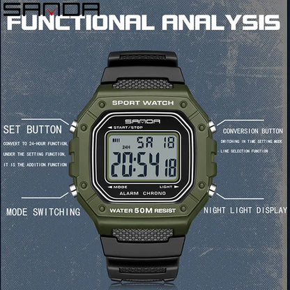 SANDA Premium Sport Watch | 5ATM, High-Impact Resin & Luminous Display