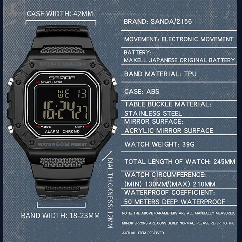 SANDA Premium Sport Watch | 5ATM, High-Impact Resin & Luminous Display