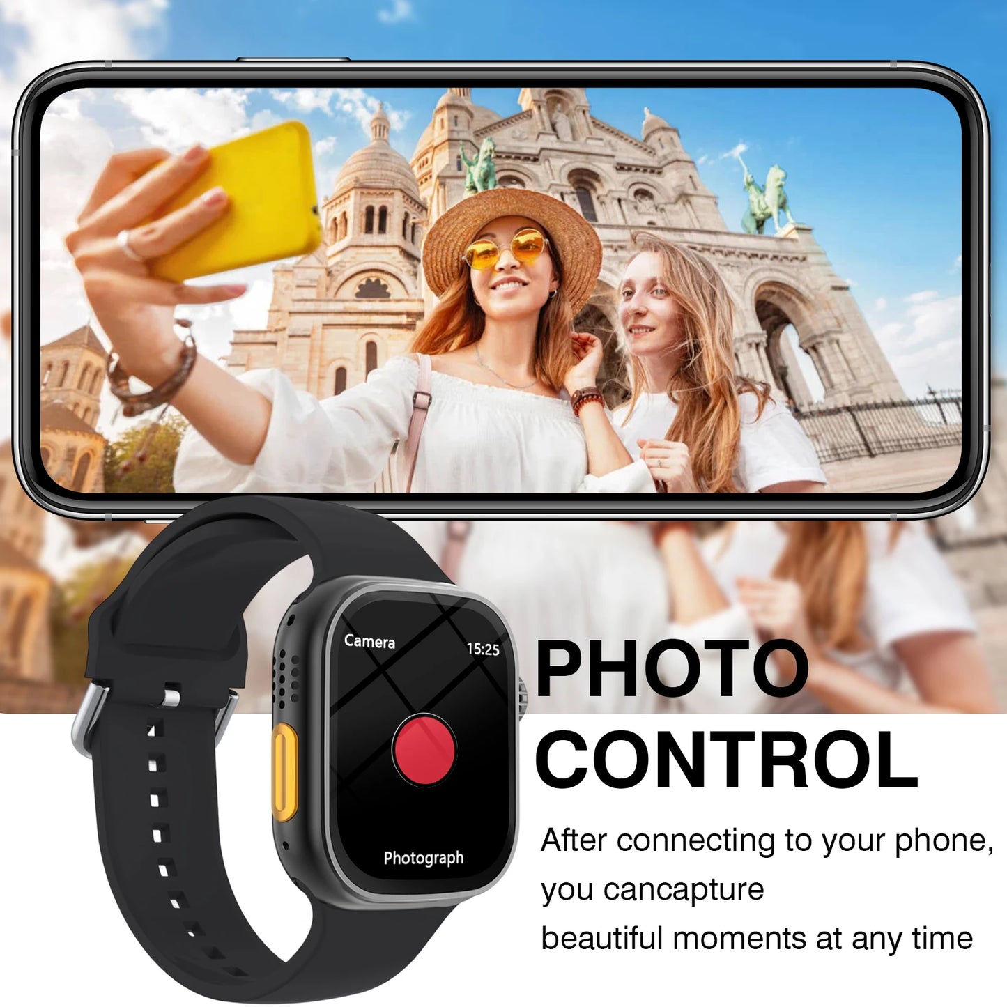 Odelettevcy 2.01" Smart Watch | Large Square Full-Touch Screen, Bluetooth Calls & Built-in USB Charging