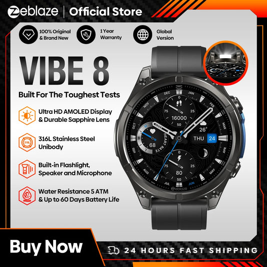 Zeblaze VIBE 8 Smartwatch - 1.43" AMOLED, Sapphire Lens, Built-in Flashlight, 60-Day Battery, 5ATM Waterproof