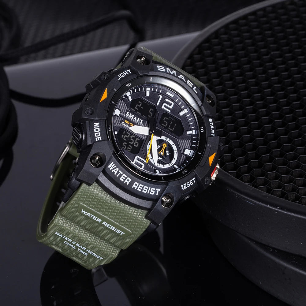 SMAEL 8007 Men's Military Sport Watch - Dual Time Display, LED Back Light, Alarm Stopwatch, Waterproof Wristwatch