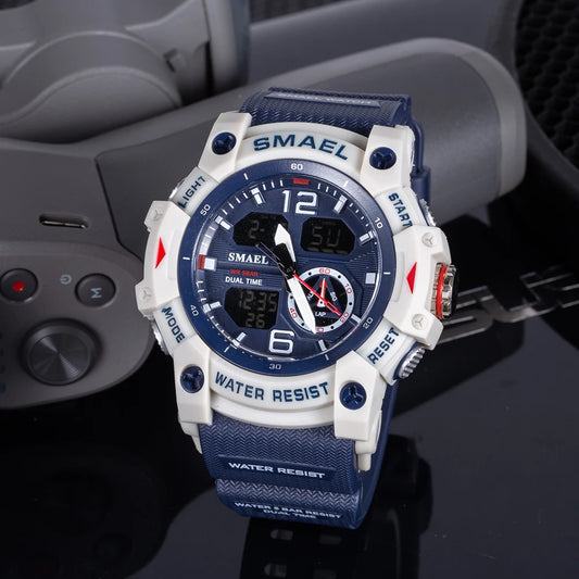 SMAEL 8007 Men's Military Sport Watch - Dual Time Display, LED Back Light, Alarm Stopwatch, Waterproof Wristwatch