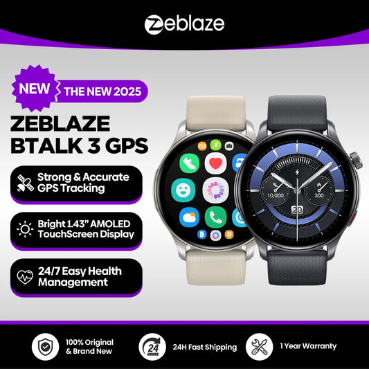 Zeblaze Btalk 3 GPS Smartwatch - 1.43" AMOLED Screen, Bluetooth Calling, Heart Rate SpO2 Stress Tracking, Dual Strap